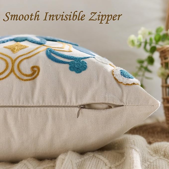Embroidered Throw Pillow Cover 20x20 Classic Boho Floral Pattern Pillows Cover Outdoor Decorative Pillowcase,Durable Cozy Textured Cushion Case for Sofa Couch Bed Living Room,Teal