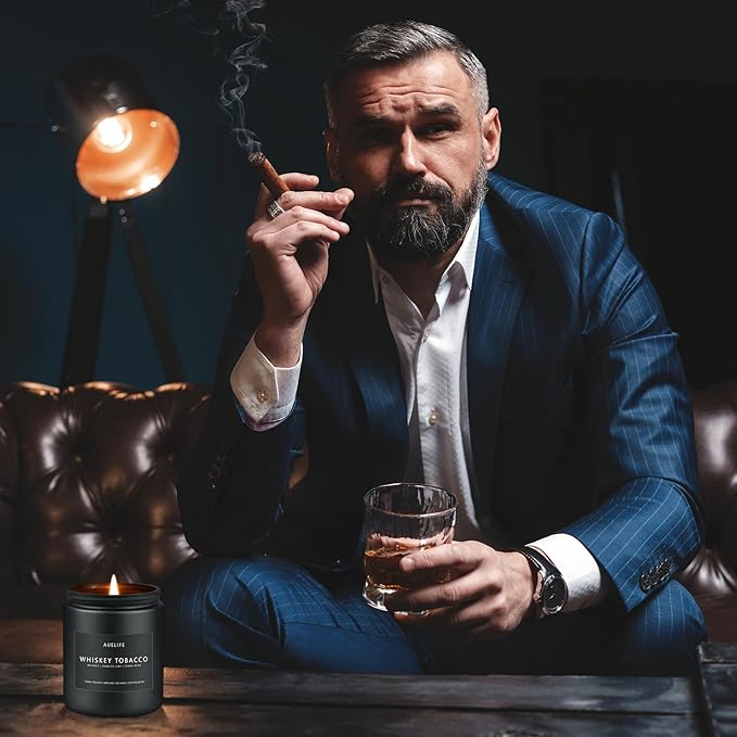 Whiskey Tobacco Candle | Masculine Candles for Men, Soy Candles for Home Scented, Manly Gifts Tobacco Candle for Home - Gifts for Men, 7oz Black Jar