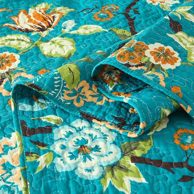 ENASAL Cotton Bedspread Quilt Sets Reversible Bedding Coverlet Sets Comforter, Vintage Floral with Peacock Pastoral Turquoise Bedspread, King Size
