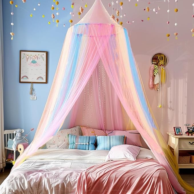 Comtelek Mosquito Net Bed Canopy for Girls,Rainbow Canopy Bed Curtains Full Queen Size from Ceiling,Dome Mosquito Netting Bed Tent Twin Girls Princess Canopy King Bed Decor