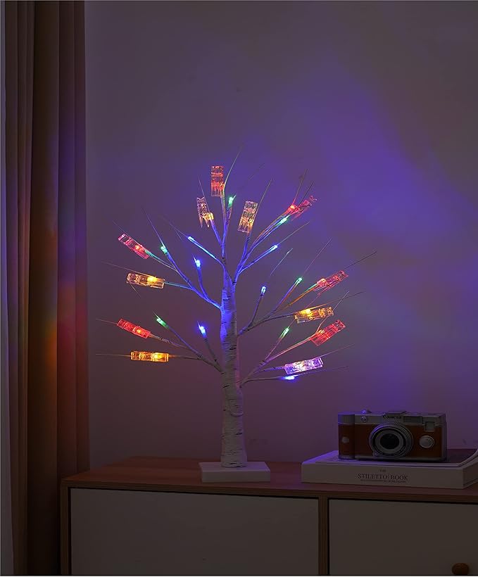 Coloured Money Tree Gift Card Holder - Multicolor Graduation Gift Card Birch Tree with 12 Clips and 24 Twig LEDs, Display Lottery Ticket Money Cash Photo DIY for Birthday Christmas Home Party Wedding