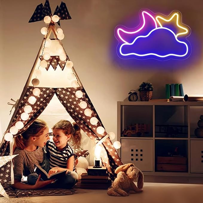 Moon Cloud Star Neon Sign, Large Neon Light for Bedroom, Dimmable Cloud Neon Sign for Living Room, Game Room Wall Decor, Handmade Birthday/Festival Gifts 16.5''x 11 inch