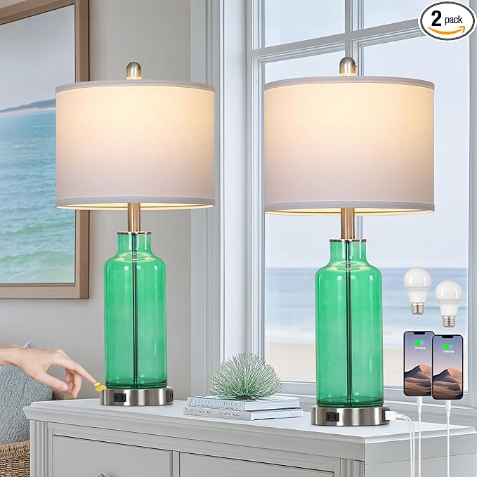 26.5" Coastal Green Glass Table Lamps Set of 2, 3-Way Dimmable Touch Control Bedside Lamps with USB Ports and AC Outlet, Teal Nightstand Lamps for Bedroom Living Room