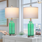 26.5" Coastal Green Glass Table Lamps Set of 2, 3-Way Dimmable Touch Control Bedside Lamps with USB Ports and AC Outlet, Teal Nightstand Lamps for Bedroom Living Room