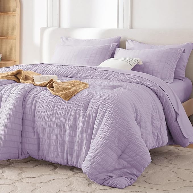 MUXHOMO 5 Pieces Twin Comforter Set, Seersucker Bed in a Bag Twin Size, All Season Luxury Bedding Set with Comforter, Flat Sheet, Fitted Sheet, Pillowcase & Sham, Lavender