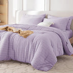 MUXHOMO 7 Pieces Queen Comforter Set, Seersucker Bed in a Bag Queen Size, All Season Luxury Bedding Set with Comforter, Flat Sheet, Fitted Sheet, Pillowcases & Shams, Lavender
