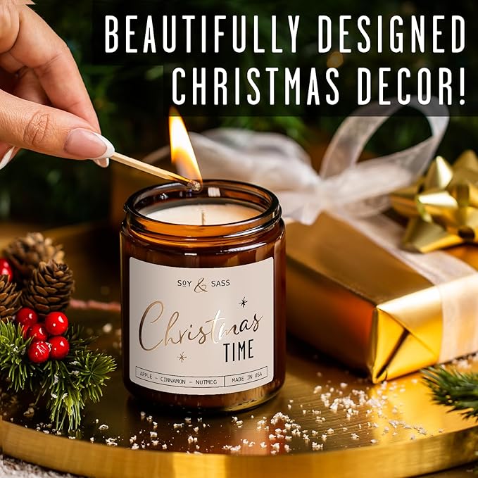 Christmas Candles Scented – ‘Christmas Time’ Soy Christmas Candle, w/Apple, Cinnamon, Clove - Infused with Essential Oils I Holiday Candles I 9oz, 50Hr, Made in USA