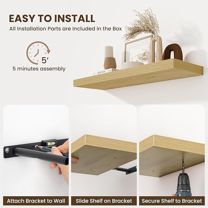 Fun Memories 24 Inch Floating Shelves Wall Mounted, 10 Inch Deep Wall Shelves, 24 x 10 Floating Shelf for Living Room Bathroom Bedroom, Oak, Set of 2