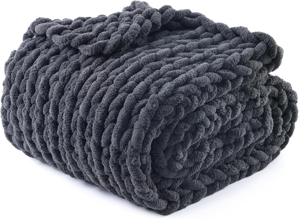YnM Chunky Throw Blanket, Medium-Weight, Hand Knitted with Chenille Yarn, Skin Friendly, Ventilated and Breathable, Machine Washable, Home Décor Piece for Couch, Sofa and Bed (Lava Grey, 50x60 Inch)