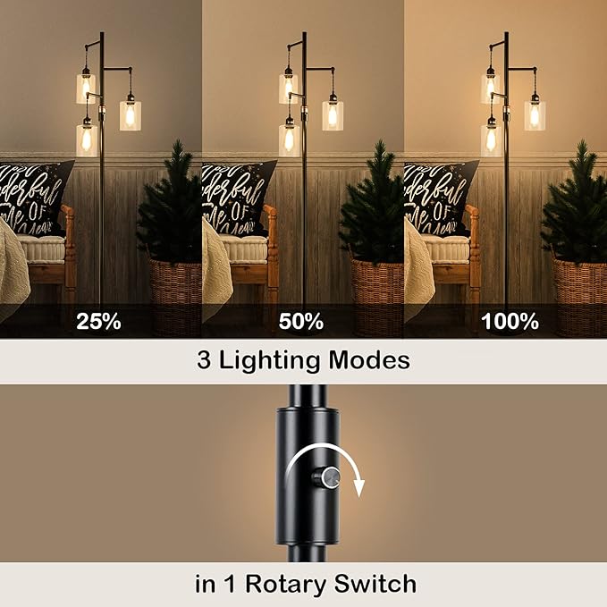 Airposta Industrial Floor Lamp with On/Off Dimmable Switch, 3-Head Rustic Tree Standing Lamp, Edison Bulb 40W Retro Tall Glass Floor Light for Living Room, Reading, Office, Bedroom, Black