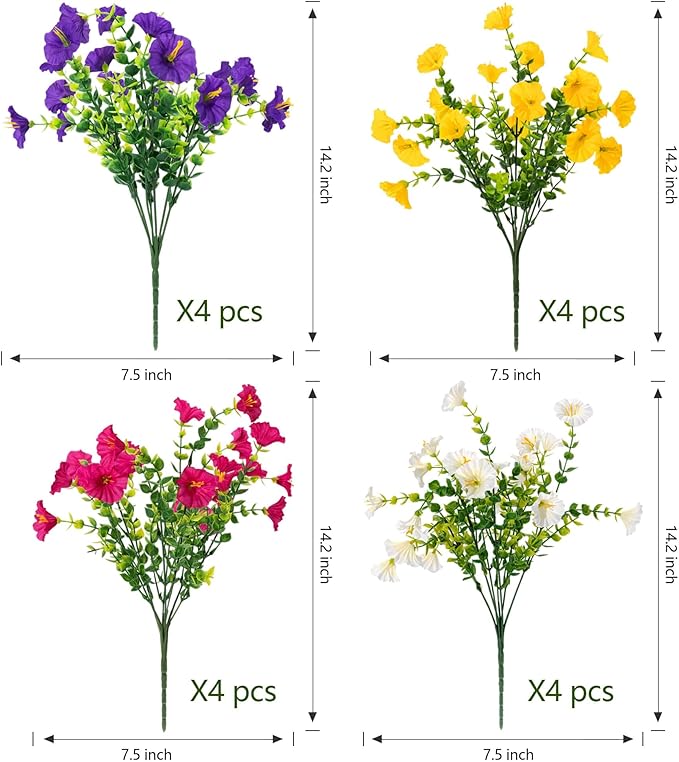 16 Bundles Artificial Flowers for Outdoor Spring Summer Decoration,Realistic Fake Silk Flowers Colorful Morning Glory UV Resistant Faux Plants for Front Door Porch Patio Planter Yard (Multi-Color)