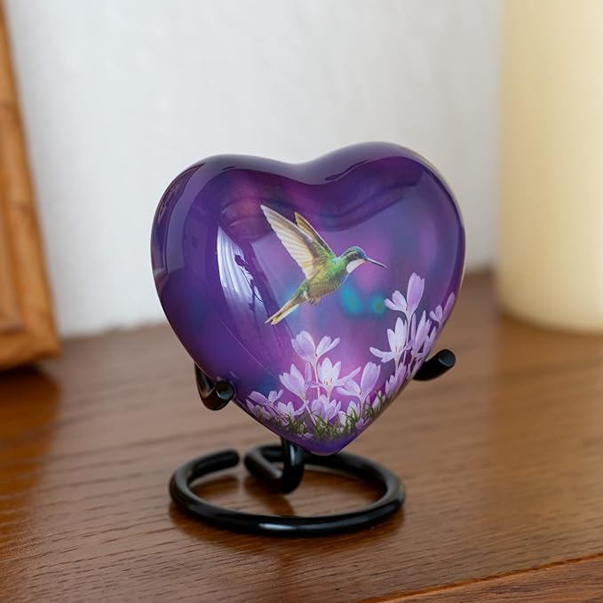 Olivia Memorials Heart Urn for Ashes Women Men Adult | Mini Hummingbird Urn for Female Male Carefully Handcrafted Funeral Decorative Small Purple Urn for Mom Dad Mother Baby Infant Pet Cat Dog