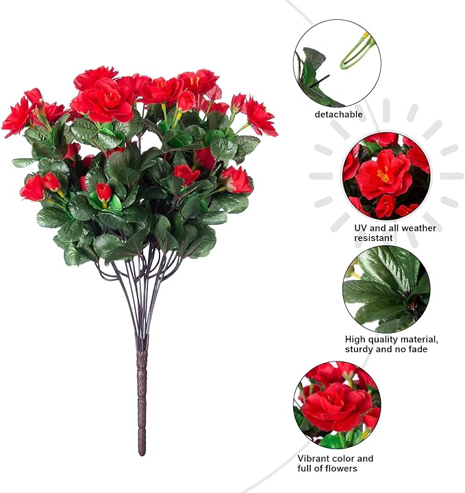 Artificial Faux Flowers Plants for Outdoor Outside Fall Decor, Fake Silk Red Camellia UV Resistant Look Real for Planter Porch Patio Balcony Garden Table Indoor, 3 Large Bundles