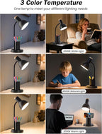 LED Desk Lamp with Pen Holder, Eye-Caring Desk Light 3 Color Modes Reading Light Flexible Gooseneck Metal Study Lamp, Cute Table Lamps for Home Office Bedside Dorm(Black Lamp)