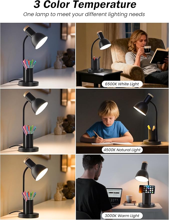 LED Desk Lamp with Pen Holder, Eye-Caring Desk Light 3 Color Modes Reading Light Flexible Gooseneck Metal Study Lamp, Cute Table Lamps for Home Office Bedside Dorm(Black Lamp)