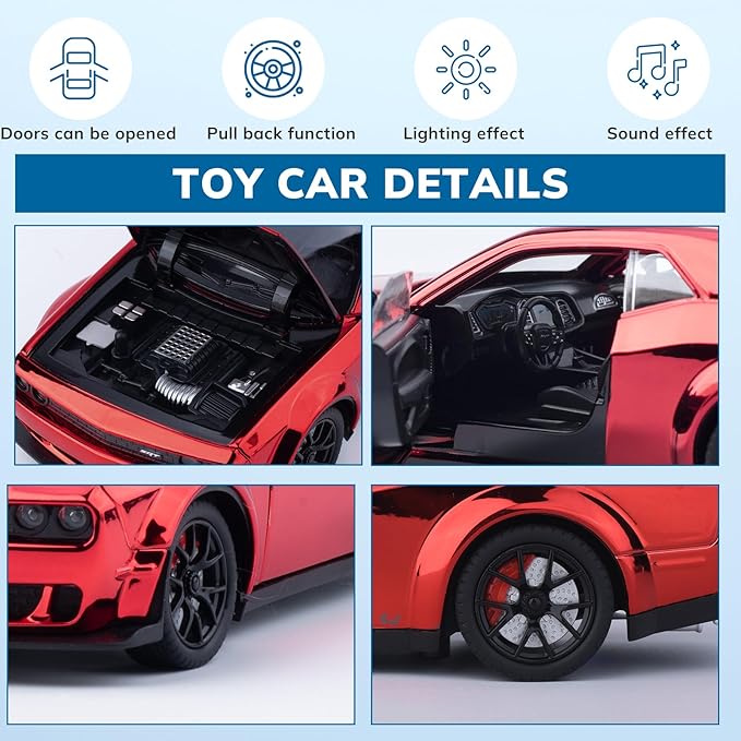Car Toys for Boys 1/24 Diecast Cars Hellcat SRT Collectibles Model Kit,Pull Back Metal Toy Car with Lights and Sounds,Toy Cars for Boys Age 4-7（Metallic Red）