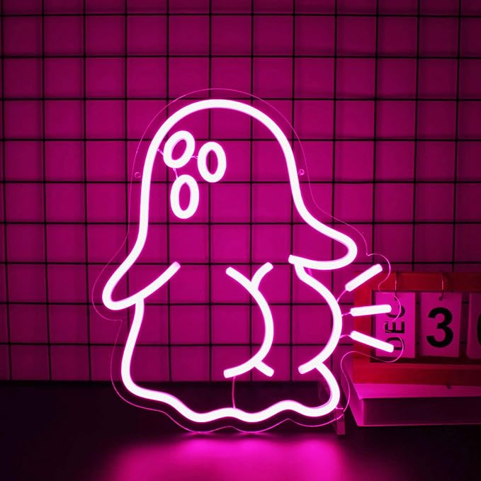 Ghost Neon Sign, Neon Signs for Wall Decor Neon Pink LED Signs Room Neon Light Up Signs Home Decor for Bedroom Club Party Bar Shop USB Operated