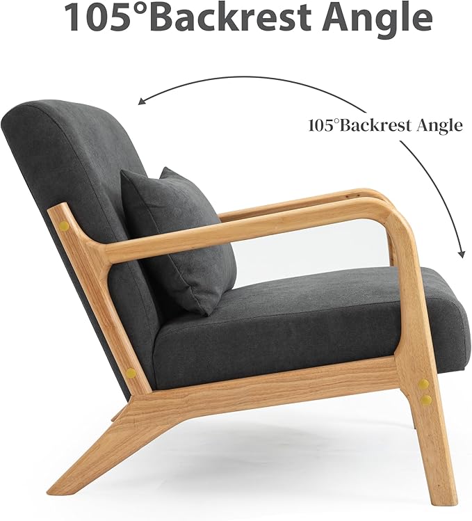 Modern Accent Chair, Cotton Linen Fabric Upholstered Lounge Armchair with Solid Wood Frame for Living Room, Bedroom, Reading Nook (Grey)