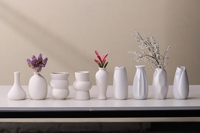 Set of 9 Ceramic Bud Vases for Pampas Grass Flowers, Small Vases in Bulk for Centerpieces Boho Vases for Wedding Decorations Neutral Living Room and Bedroom Decor DIY Gift (White-3)