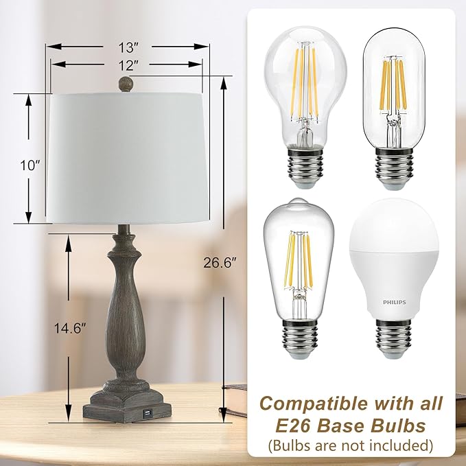 𝟐𝟔-𝐈𝐍𝐂𝐇 Rustic Table Lamp Set of 2 for Living Room, Vintage Farmhouse Bedside Lamp with USB Charging Port, 3 Way Dimmable Resin Nightstand Lamps with White Shade for Bedroom, End Table