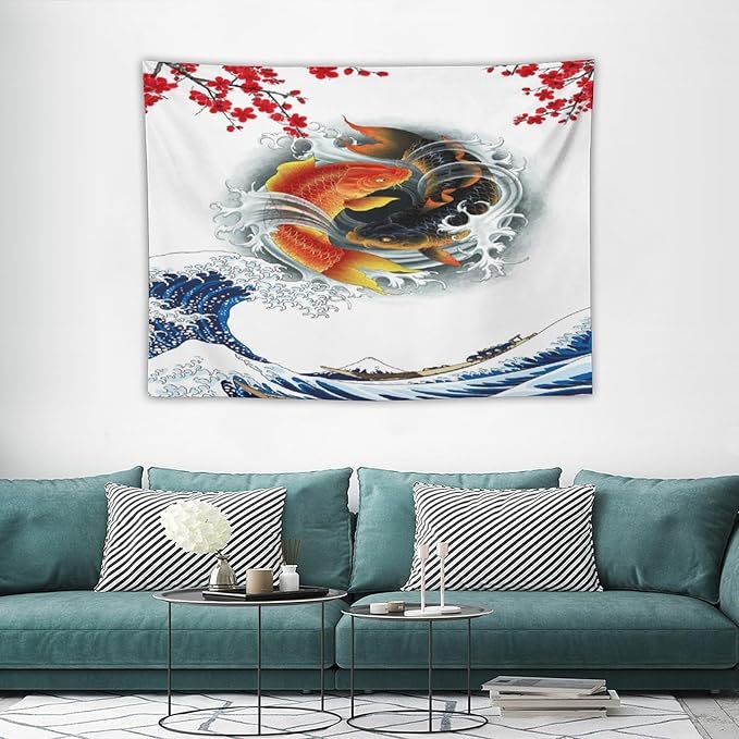 Houselerax Koi Fish Tapestry, Japanese Style Yin Yang Big Wave Cherry Blossoms Tapestries Wall Hanging for Bedroom Living Room Office Decor 40"x30"