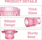 Candlestick Holders Set of 6, Ribbed Glass Taper Candle Holders, Reversible Pink Tealight & Candle Stick Candle Holder Vintage Crystal Tapered Candlestick for Wedding Dinner Party Festival
