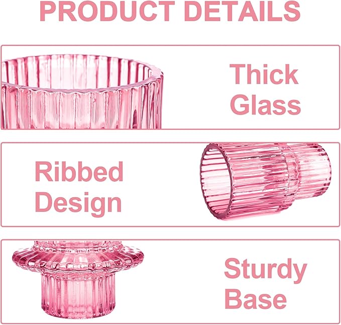 Candlestick Holders Set of 6, Ribbed Glass Taper Candle Holders, Reversible Pink Tealight & Candle Stick Candle Holder Vintage Crystal Tapered Candlestick for Wedding Dinner Party Festival