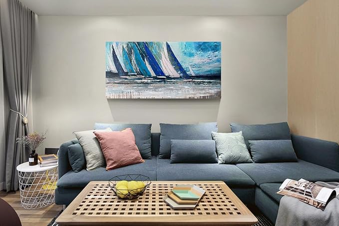 Arjun Blue Abstract Wall Art Canvas Teal Ocean Sailboat Picture Modern Turquoise Coastal Nautical Painting, Extra Large 58"x29" Framed Textured Artwork for Living Room Bedroom Home Office Wall Decor
