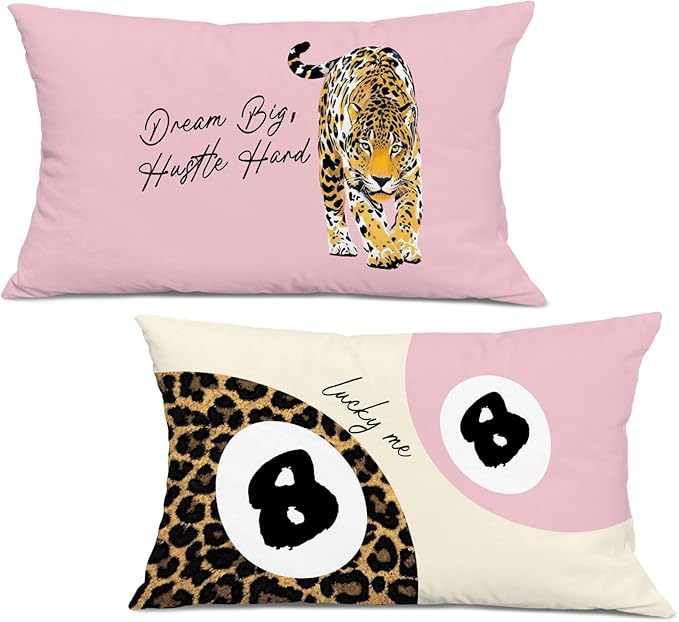 Trendy Leopard Lucky 8 Ball Pillow Covers 20x12, Cheetah Leopard Print Room Decor, Funky Preppy Leopard and Black Billiards Decorative Throw Pillow Covers for Girls Dorm Apartment，Set of 2
