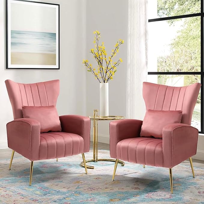 X-VOLSPORT Velvet Accent Chairs Set of 2, Mid Century Modern High Back Living Room Chair with Waist Pillow, Upholstered Arm Chair with Metal Gold Legs for Bedroom, Club, Pink
