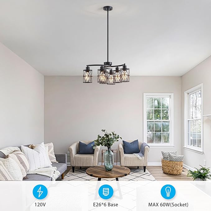 XINGQI Modern Black Chandelier 6-Light Pendant Lighting Fixture with Metal Shade 24" Height Adjustable for Dining Room Living Room Bedroom