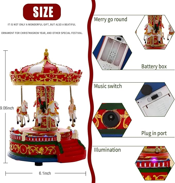Christmas Carousel Figurines Decoration Christmas Village House Musical Carousel with 6 Moving Horses Go Round, 8 Pieces of Music Snow Globe, Music Box for Girl and Boy Kids
