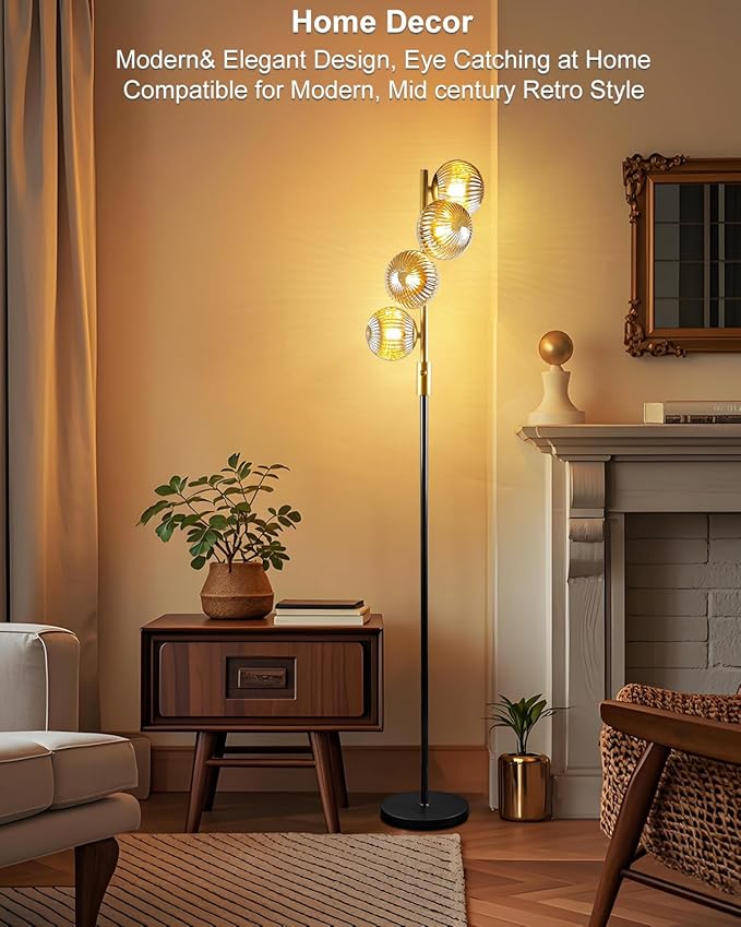 Lightdot 64IN Dimmable Floor Lamp with Glass Globe Shade, Modern Gold &Black Standing Lamps with 4PCS 3000K G9 Bulbs Soft Warm White Eye Care, Mid Century Floor Lamp for Living Room Bedroom