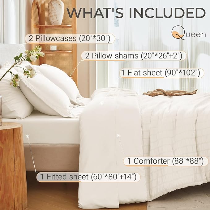 MUXHOMO 7 Pieces Queen Comforter Set, Seersucker Bed in a Bag Queen Size, All Season Luxury Bedding Set with Comforter, Flat Sheet, Fitted Sheet, Pillowcases & Shams, Ivory