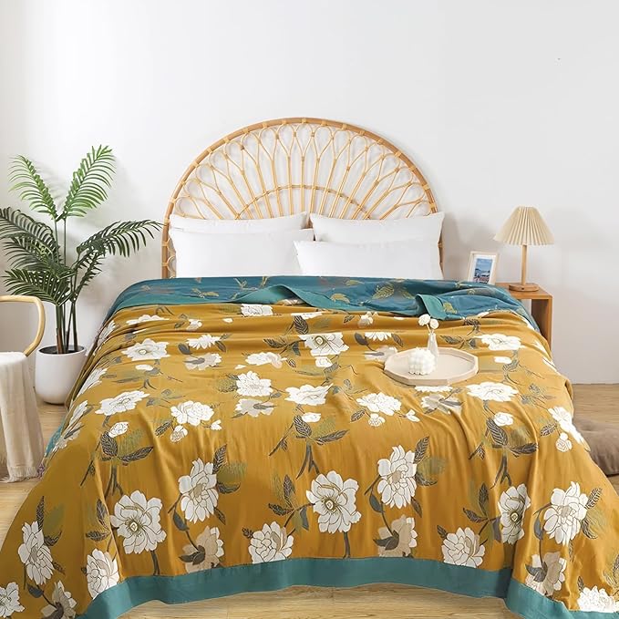 Boho Throw Blanket for Bed - 100% Pure Cotton Ultra Soft Rustic Quilt - Farmhouse Decor Bed Blankets, All Season Rustic Throw for Sofa Couch Chair(91''x 98'', Flower Branch 2)