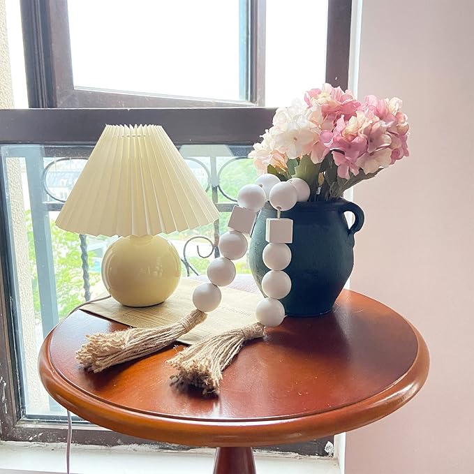 OMISHE White Extra Large Wood Bead Garland with 1.6" Diameter Wooden Beads and Tassels, 41.5" Long Rustic Farmhouse Country Boho Decorative Beads for Home Decor Tiered Tray Decor