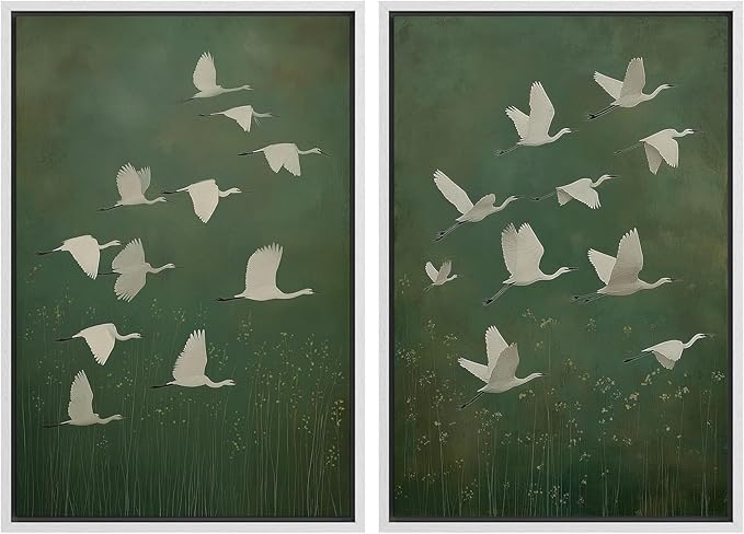 SIGNFORD Framed Canvas Print Wall Art Set Flight of Cranes Elegant Birds in Soft Green Hues Illustration Modern Art Decorative Nordic Nature for Living Room, Bedroom, Office - 16"x24"x2 White