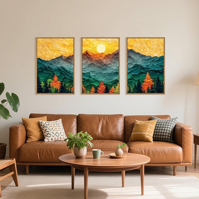 Celestdeco Abstract Mountain Framed Canvas Wall Art Set, Forest Pine Tree Golden Sunset Wall Decor, Mixed Patchwork Landscape Art Print for Living Room, Bedroom, Dining Room, Office - 24"x36"x3