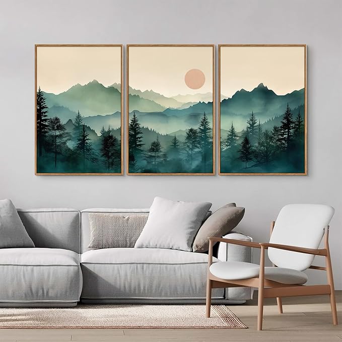 SIGNINART Large Mountain Framed Canvas Wall Art Set, Abstract Misty Forest Wall Decor, Foggy Nature Pine Tree Wall Painting, Modern Boho Sunrise Art Prints for Bedroom Living Room and Office 24"x36"x3