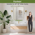 FARMER 22x30 Inch Gold Bathroom Mirror, Rectangle Vanity Mirror, Brushed Mirrors for Wall, Metal Frame Hanging Mirror with Round Corner for Bedrooms, Entryways, Living Rooms, Horizontal/Vertical