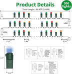 Multicolor Wide Angle LED Christmas Lights, 64.8 Ft 300 Count, Pack of 3 Strands 21.9 Ft 100 Lights UL Certified Commercial Grade Green Wire 5mm Holiday String Light