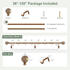 Gold Curtain Rods for Windows 66 to 120 Inch,1'' Diameter Drapery Rods with Imitation Wood Grain Leaf Pattern Finials,Boho Adjustable Heavy Duty Curtain Rods Set,36-120'',Antique-Gold Wood