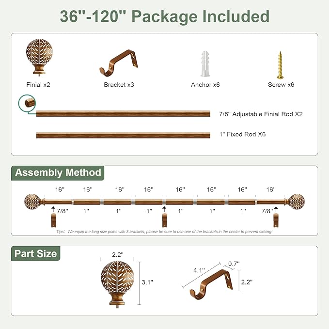 Gold Curtain Rods for Windows 66 to 120 Inch,1'' Diameter Drapery Rods with Imitation Wood Grain Leaf Pattern Finials,Boho Adjustable Heavy Duty Curtain Rods Set,36-120'',Antique-Gold Wood