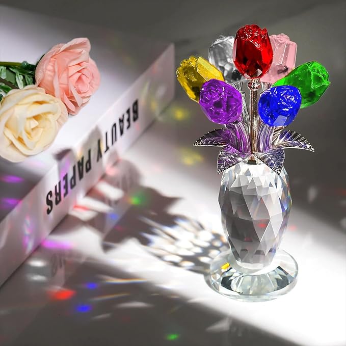 Glass Rose Flowers, Crystal Glass Figurines Rose Decorations for Home Gifts for Mom Wife Grandma, Crystal Flowers Collectible Ornament Mother's Day Thanksgiving Anniversary Birthday Gifts (Rainbow)