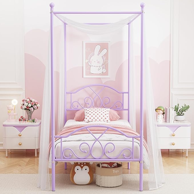 Weehom Princess Canopy Bed Frame with 4 Posters, Sturdy Metal Platform with Headboard&Footboard No Box Spring Needed Twin Size Bed for Kids Girls Adults,Purple