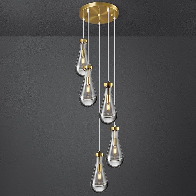 Raindrop Pendant Lights Kitchen Island Teardrop Gold Hanging Light Fixtures Clear Solid Glass Pendant Light Modern Chandeliers for Dining Room Porch Corridor Living Room(5-Light)