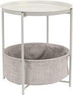 Amazon Basics Round Storage End Table, Side Table with Cloth Basket, White/Heather Gray, 17.7"L x 17.7"W x 18.9"H