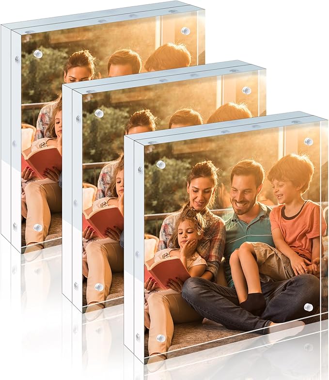 Egofine 8x8 Acrylic Frames 3 Pack, 20mm Thicker Frameless Clear Picture Frames, Double Sided Magnetic Picture Frames, Free Standing Desktop Display