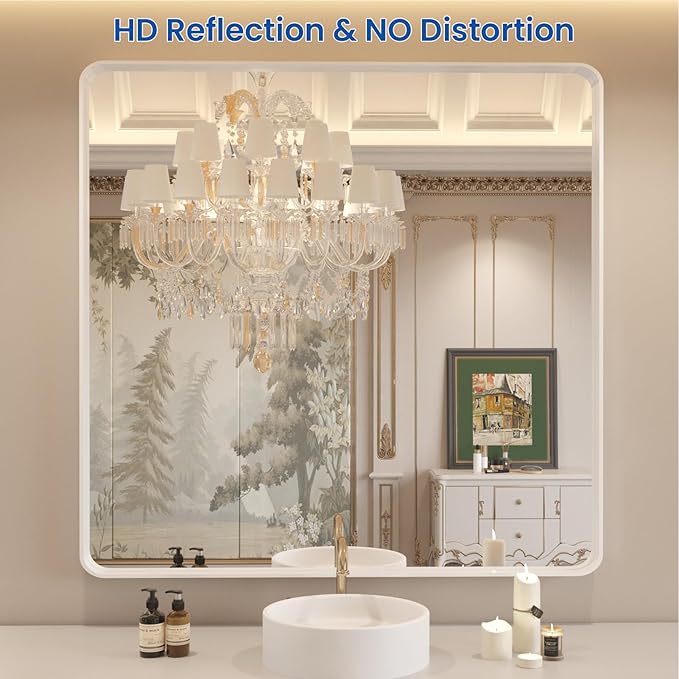 WEER White Bathroom Mirror 36X36 Inch, Rounded Rectangle White Metal Frame Mirror, Matte White Bathroom Vanity Mirror with Tempered Glass, Anti-Rust, Hangs Horizontally or Vertically