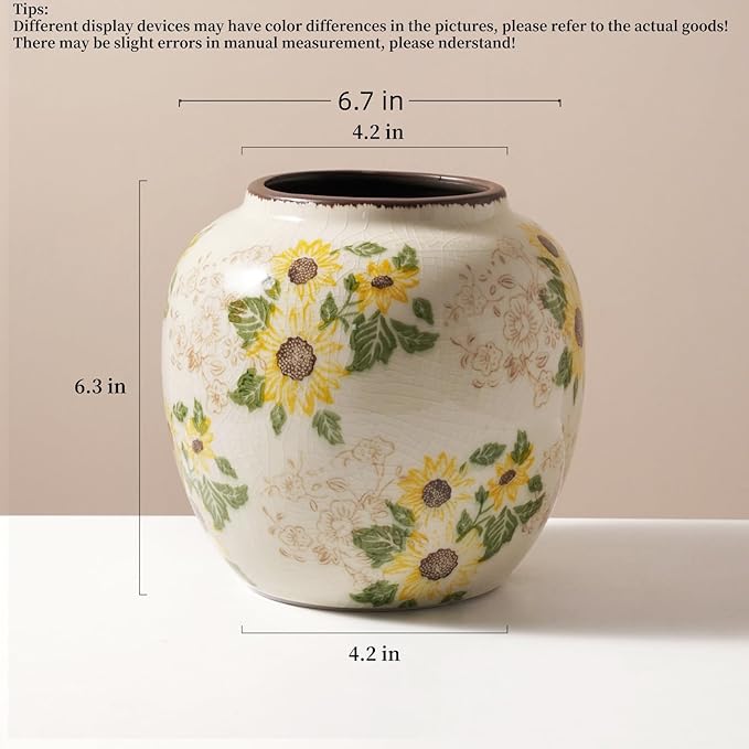 Levvohd Round Pastoral Ceramic Vase, 6.3 Inch Vintage Sunflower Yellow Floral Retro Ice Cracked Rustic Antique Flower Vases for Living Room Home Decor (Large Round)
